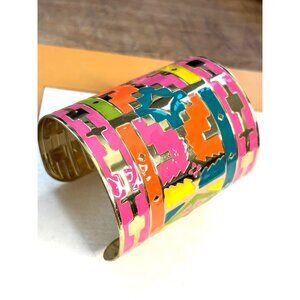 Colorful Geometric Wide Cuff Bracelet With Gold-Tone Interior & Enamel Overlay -